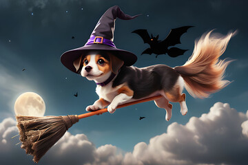 A cute dog wearing a witch hat and flying in the sky on a broom