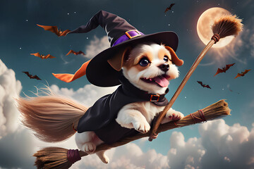 A cute dog wearing a witch hat and flying in the sky on a broom