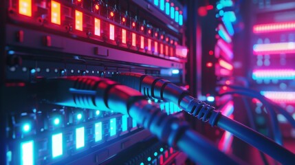 Fototapeta premium Network hardware. Telecommunication technologies. Server room. Modem with fiber optic cables. Router in server room. Hosting equipment. Internet communications. Server technologies