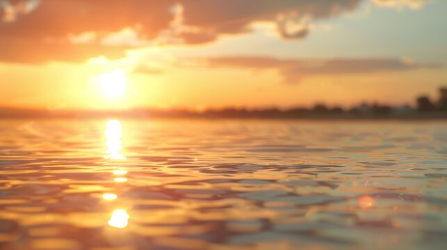 Defocused waterfront sunset The sky awash with a warm golden glow as the sun sets over the calm waters casting a soft haze over the distant horizon. A serene setting to unwind and .