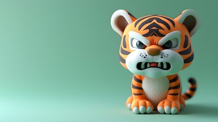 Angry Minimalist 3D Tiger Cub Displaying Fierce Expression on Green Background