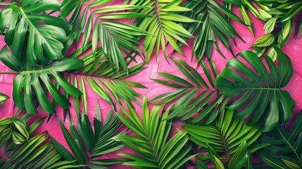 Tropical green palm leaves pattern on bright pink background. Nature, summer, and botanical designs
