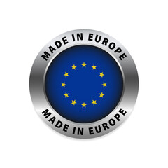 Made in Europe silver badge and icon with central glossy. Made in Europe round label vector symbol. Vector illustration