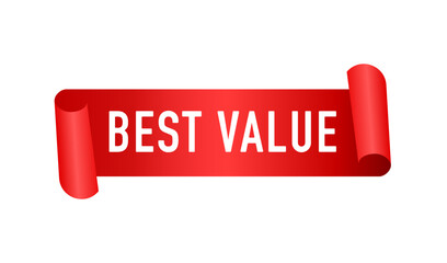 Best volume red sticker. Realistic curved paper banner. Red Web Ribbon. Vector illustration