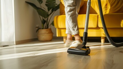 Fototapeta premium Side view of crop faceless housewife in casual outfit and slippers cleaning laminate floor with modern upright vacuum cleaner in minimalist light apartment