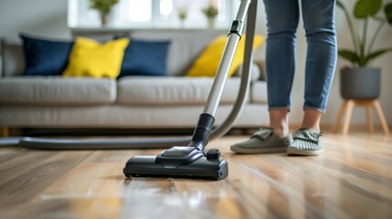Side view of crop faceless housewife in casual outfit and slippers cleaning laminate floor with modern upright vacuum cleaner in minimalist light apartment