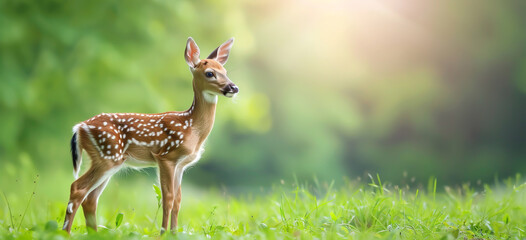 Spring baby deer fawn standing on green grass field in its natural habitat, side view with copy space banner