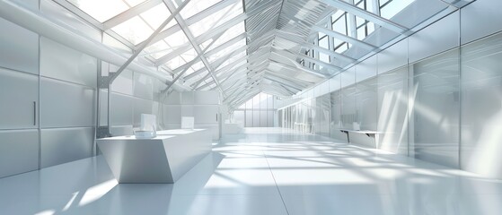 Obraz premium open space office layout with glass roof floods the space, ample space for movement and interaction. natural light, creating a bright and airy ambiance