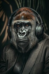 Gorilla Wearing Headphones and Suit. Generative ai