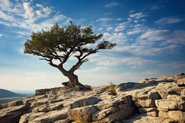 Iconic lone tree stands resilient atop a craggy peak under a serene sky