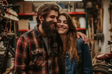 Obraz premium A smiling couple, dressed in casual clothing, embraces in a cozy workshop. The image exudes a warm and friendly vibe. Perfect for lifestyle or relationship-themed projects. Generative AI