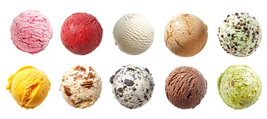 Set of colorful delicious ice cream scoops isolated on transparent or white background png, top view balls with different flavors of vanilla, chocolate, cookie, mango, strawberry, pistachio hd