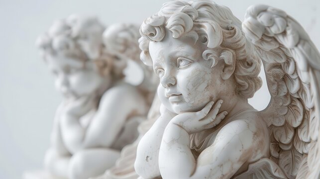 Series of marble cherub sculptures, emphasizing the artistic detail, white background with copy space