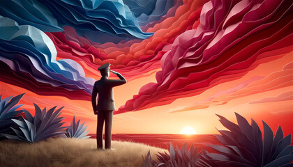 Fototapeta premium Origami Silhouette Saluting at Sunset: Folded Paper Art of Respectful Figure Against Vibrant Red, Orange, Pink, and Purple Sky