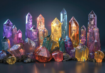 3d render of colorful gemstones and crystals, highly detailed, dynamic lighting