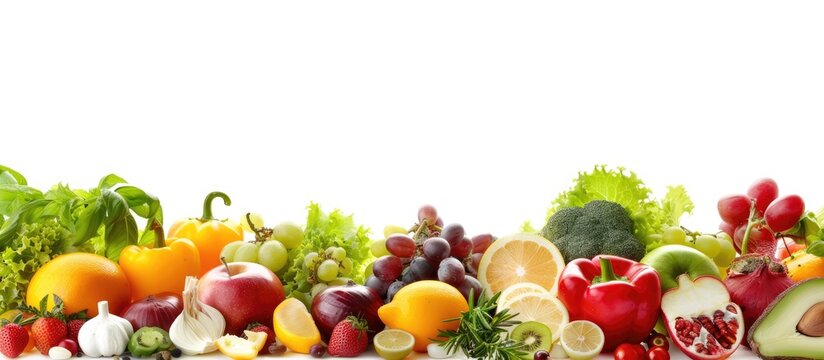 Fresh fruits and vegetables assortment on white background with space for text