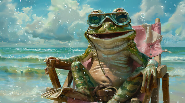 A frog relaxes on a beach chair, wearing a diving mask and basking in the sun at the seaside. Perfect for summer, vacation, and relaxation themes