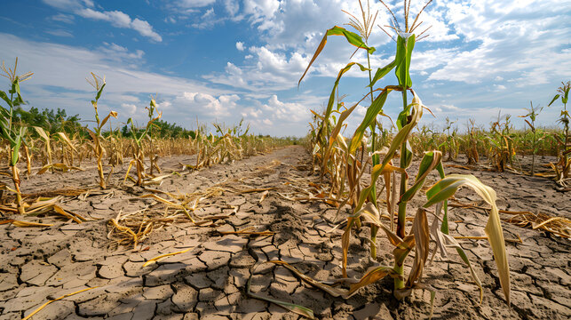 Corn plants wilting and dead in cornfield. Herbicide damage, drought and hot weather concept
