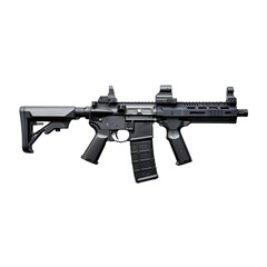 modern assault rifle isolated on transparent png background. A black rifle with a red dot sight