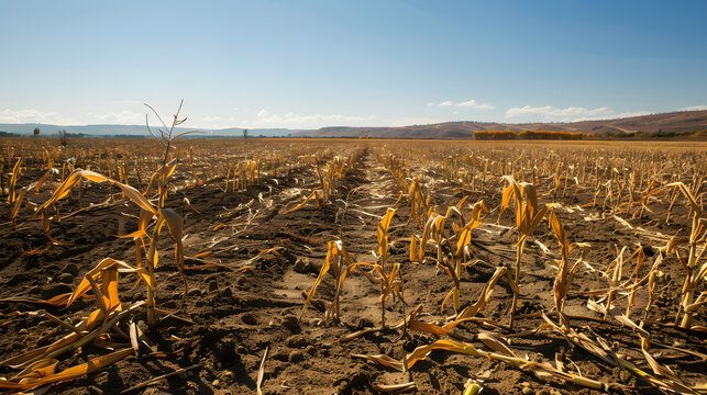 Corn plants wilting and dead in cornfield. Herbicide damage, drought and hot weather concept
