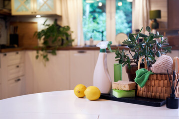 basket on the table with natural kitchen care products against a white kitchen background