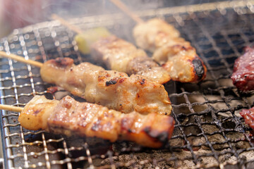 日本の一般的なバーベキューの調理風景。焼き鳥（鶏肉の串焼き）。