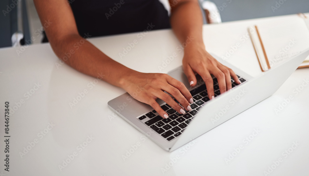 Aufkleber Hands, laptop and typing in office, communication and networking with email at media company. Person, computer and click keyboard for search, reading and contact on web connection at creative agency