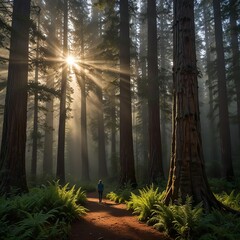 A person standing amidst the colossal redwood trees of a mystical forest. The massive trees, create a mesmerizing canyon-like landscape. The morning sun breaks through the fog, casting a warm glow.