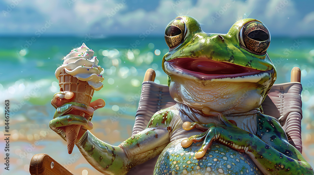 Wall mural A jovial frog, sporting sunglasses, lounges on a beach chair, clutching a waffle topped with a scoop of ice cream, exuding summery delight - Wall murals