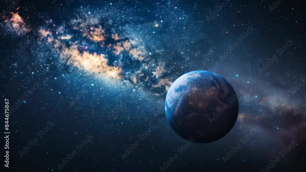 Poster Earth in outer space with illuminated cities and the Milky Way galaxy in the background. High-resolution digital artwork. Astronomy and space exploration concept