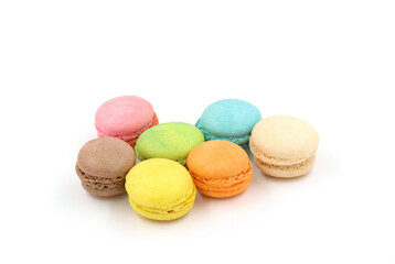 Sweet colorful macarons isolated on white background. Tasty colourful macaroons.