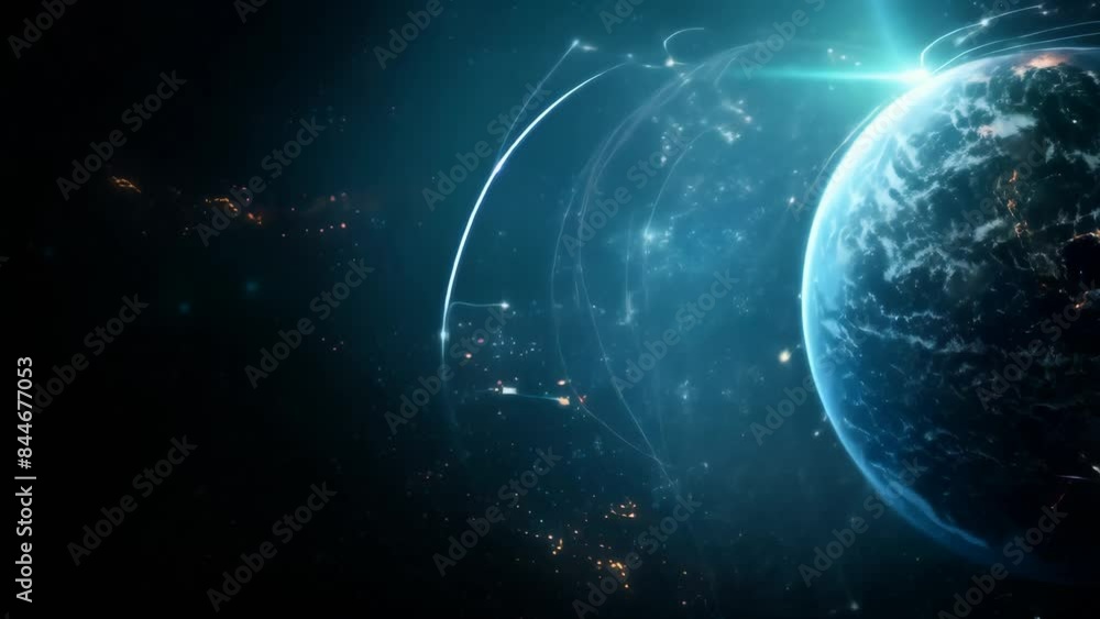 Poster Earth from space with illuminated cities and network lines. High-resolution digital artwork. Futuristic technology and global communication concept.