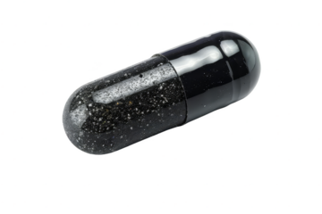 Close-up of a single black capsule with glittery contents, isolated on a white background, representing modern healthcare and pharmaceuticals.