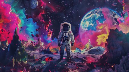 Fototapeta premium Astronaut Exploring Vibrant Cosmic Landscape: A Surreal Pop Art.