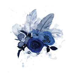Abatract poster with feathers and blue roses.  For wedding, birthday, party, save the date. Vector illustration. © natikka