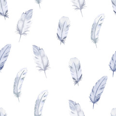 Fabric seamless pattern. Feathers print on white background. Vector illustration