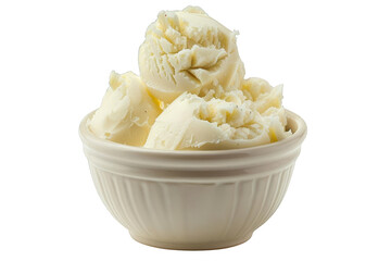 Delicious scoops of creamy vanilla ice cream in a white bowl isolated on a white background, perfect for dessert presentations and food-related projects.