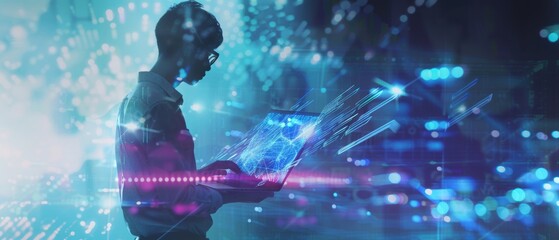 Individual working on financial analysis with a laptop, featuring overlaid digital elements and space for extra information