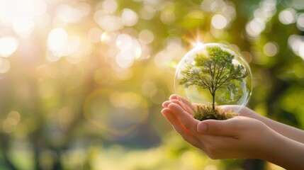 Glass globe with a tree in hands, representing the importance of ecology and saving the planet
