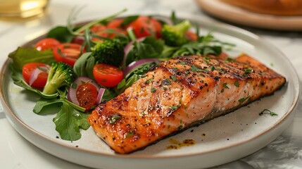 A healthy meal featuring a grilled salmon fish fillet placed next to a vibrant green leafy vegetable salad The salad includes tomatoes