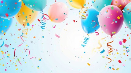 Cheerful party invitation banner with colorful balloons, confetti, and streamers, designed to evoke a festive mood, with blank space for personalized text and event details