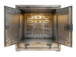 Open steel vault with multiple safety deposit boxes, representing security, wealth, and protection in a bank setting.
