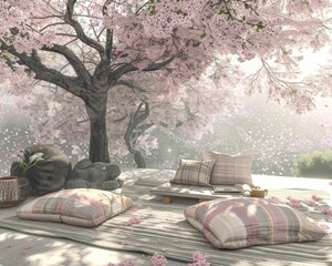 Cozy Cherry Blossom Picnic with Cushions