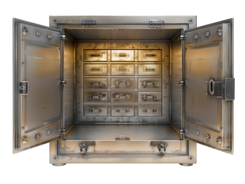 Open steel vault with multiple safety deposit boxes, representing security, wealth, and protection in a bank setting.