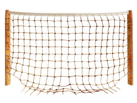 Outdoor wooden climbing net structure perfect for kids' playgrounds or adventure parks, offering fun and physical challenges.