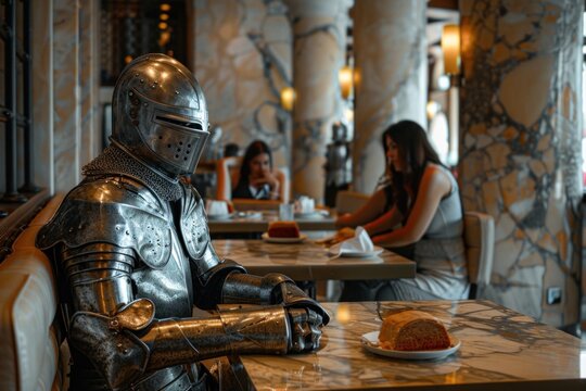 Medieval knight dining in a restaurant blending old and new for a oneofakind experience