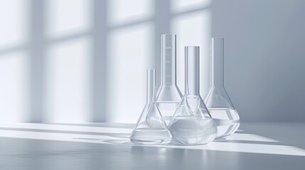 Advertising minimal glass Petri Dish, Graduated Cylinder and Erlenmeyer Flask. 