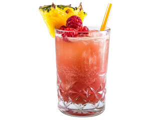 Refreshing tropical cocktail in a glass garnished with fresh pineapple and raspberry, perfect for summer parties and beach vibes.