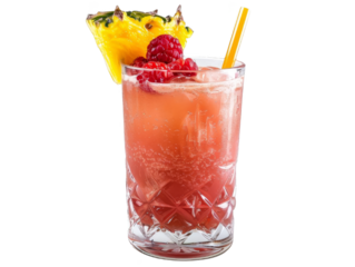 Refreshing tropical cocktail in a glass garnished with fresh pineapple and raspberry, perfect for summer parties and beach vibes.