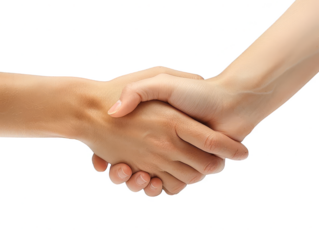 Two hands in a handshake, symbolizing agreement, collaboration, and partnership, isolated on a white background.